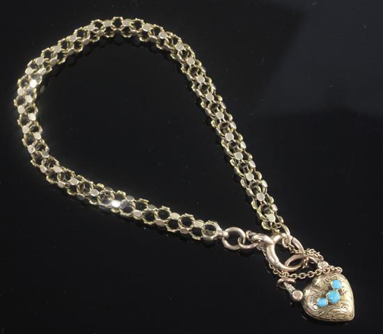 A late Victorian 15ct gold open box link bracelet, with turquoise set heart shaped padlock, approx. 8in.